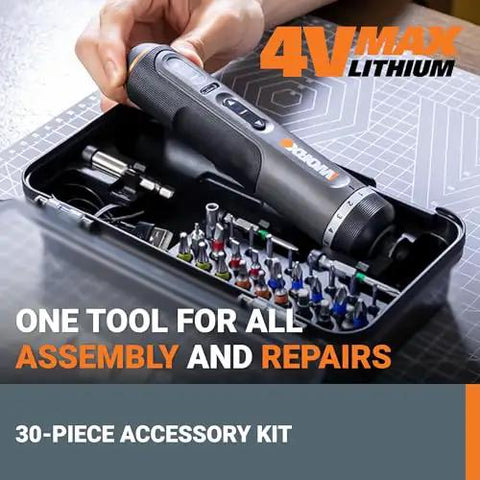 Person holding 4V Lithium Cordless Screwdriver Kit with 30 Piece Accessory Pack in case, showing compact design and accessories.