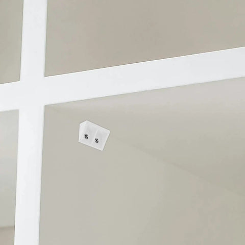 Heavy Duty Plastic Corner Braces For Cabinets And Shelves 20 Pack White 4 Hole Corner Connectors installed on white shelf