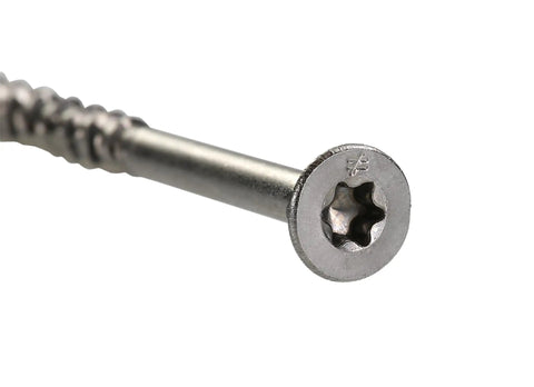 Close-up view of Badass Premium 14 X 5 Inch Type 316 Marine Grade Stainless Steel Wood Screws T27 Flat Head.