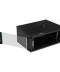 Heavy Duty 4U Wall Mount Server Rack Cabinet Built Tough For Network Switches And IT Gear With Shatter Resistant Glass Door, shown open.