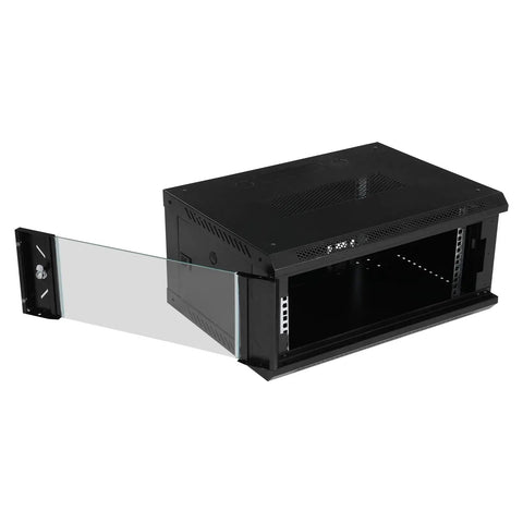 Heavy Duty 4U Wall Mount Server Rack Cabinet Built Tough For Network Switches And IT Gear With Shatter Resistant Glass Door, shown open.