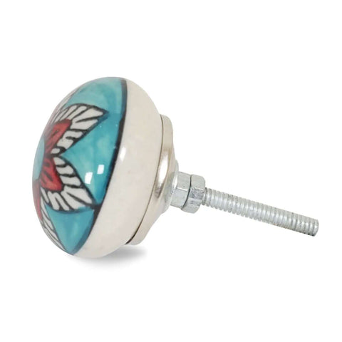 Side view of a colorful flower-shaped knob from Assorted Ceramic Cabinet Knobs Set Of 12 With Chrome Hardware For Kitchen, Bathroom, And Furniture