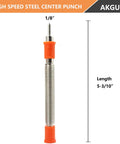 One Eighth Inch High Speed Steel Hammerless Center Punch Tool with orange grips, 1/8 inch head, 5-3/10 inch length.