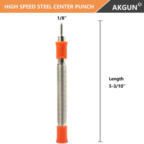 One Eighth Inch High Speed Steel Hammerless Center Punch Tool with orange grips, 1/8 inch head, 5-3/10 inch length.