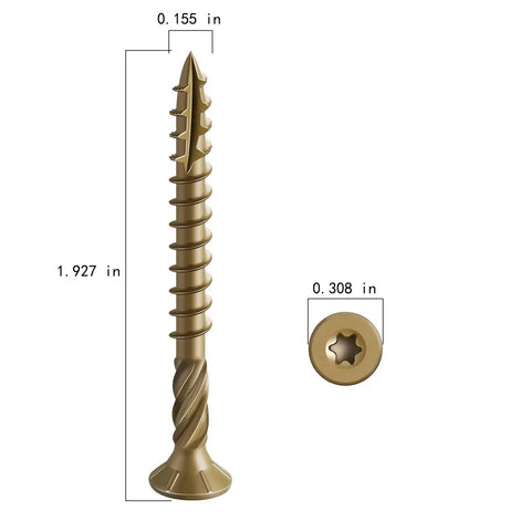 Two Inch Deck Screws For Exterior Wood, Rust Resistant Epoxy Coated Bronze Finish, close-up on screw dimensions and T20 star bit