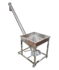 Pro Grade Automatic Screw Powder Feeding Machine With Sturdy Vibrating Hopper And Angled Conveyor Chute Built For Straight Up Reliable Bulk Material Loading At 110 Volt Power, featuring stainless steel 100-liter hopper.