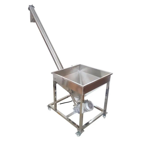 Pro Grade Automatic Screw Powder Feeding Machine With Sturdy Vibrating Hopper And Angled Conveyor Chute Built For Straight Up Reliable Bulk Material Loading At 110 Volt Power, featuring stainless steel 100-liter hopper.