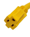 Close-up of RV Shore Power Pigtail Adapter 30A L5 30P To 5 15R Twist Lock Cord, yellow heavy-duty copper, for outdoor use.