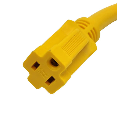 Close-up of RV Shore Power Pigtail Adapter 30A L5 30P To 5 15R Twist Lock Cord, yellow heavy-duty copper, for outdoor use.
