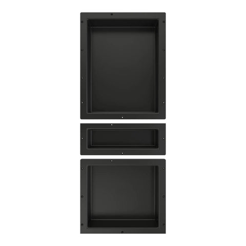 Triple Niche Recessed Shower Shelf Black With Three Inner Shelves Built To Handle All Your Shower Stuff Fits 16 Inch Wide By 40 Inch High By 4 Inch Deep Tile Ready All In One Bathroom Storage Solution, front view