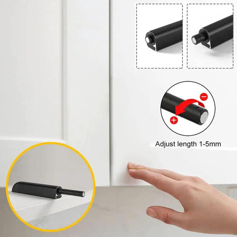 Hand demonstrating Push To Open Magnetic Cabinet Latches 4 Pack No Knobs Needed Hidden Door Hardware for Kitchen RV Black