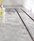 No-Fuss 2 In 1 Linear Shower Drain 24 Inch Brushed Nickel Stainless Steel Floor Drain With Tile Insert Grate in bathroom.