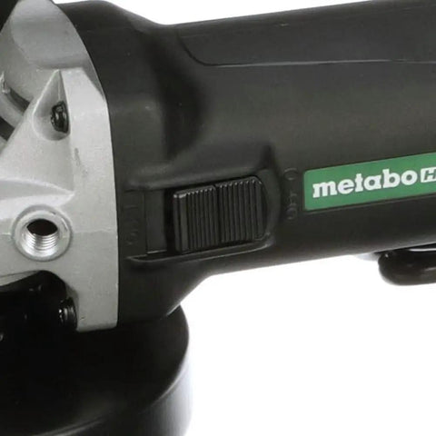 Close-up of four and a half inch angle grinder with five grinding wheels and hard case, 6.2 amp motor, showcasing power switch