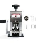 Heavy Duty Manual Wire Stripping Machine With Ergonomic Hand Crank And Drill Adapter, portable and sturdy with warning label.