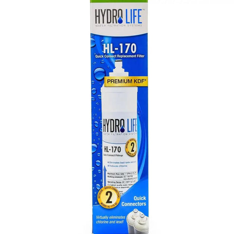 Box of HL 170 QC under counter potable water replacement filter, showing filter design and connection details, for home use.