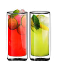 Slick Double Wall Insulated Glass Tumbler Set Featuring 16 Oz Collins Style Highball Cups with colorful cocktails and mint.