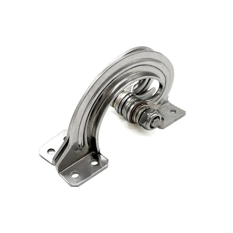 Stainless steel damping hinge with hidden torque; curved multi‑layer arm and two mounting plates with holes