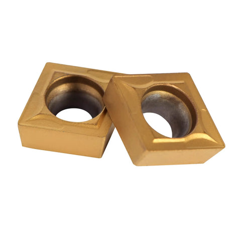 Close-up of CCMT Turning Insert Set 32.5 Degree Carbide Inserts 9T304 for CNC Lathe Machining, pair of square gold inserts.