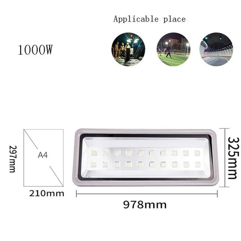 Screaming Bright Led Flood Light Multi Wattage Choices Rock Solid For Yard Security And Commercial Lots Built Like A Tank With Die Cast Aluminum and Rain Proof Seals, 1000W size, outdoor use.