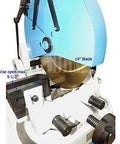 Badass 3 Phase Cold Saw With 14 Inch Blade And Massive Heavy Duty Stand For Chopping Through Steel And Iron Includes Swivel Base Vise Auto Retracting Guard 1.5 HP Motor Knocks Out Ferrous Work Fast High Low Speeds showing 14 inch blade and vise details.