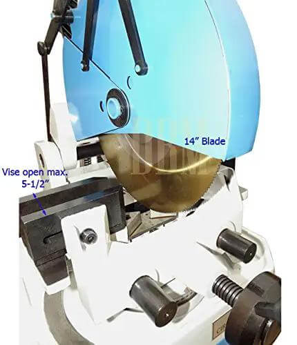 Badass 3 Phase Cold Saw With 14 Inch Blade And Massive Heavy Duty Stand For Chopping Through Steel And Iron Includes Swivel Base Vise Auto Retracting Guard 1.5 HP Motor Knocks Out Ferrous Work Fast High Low Speeds showing 14 inch blade and vise details.