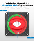 Close-up of Beefy 600A Battery Disconnect Switch 12 To 48V Heavy Duty Master Isolator in on-off position with ABS construction.