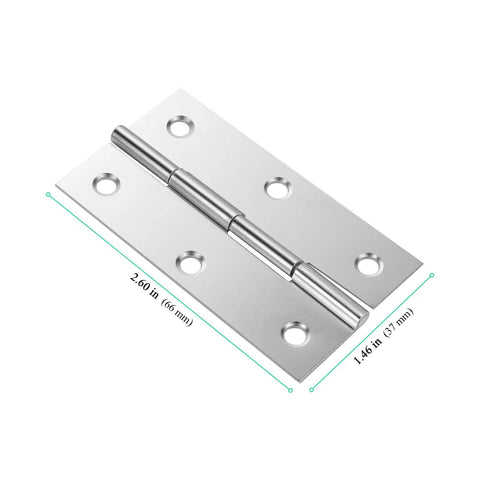 Close-up of a stainless steel butt hinge measuring 2.60 in by 1.46 in, part of the 60 Pack Stainless Steel Cabinet Hinges Measuring Two Point Five Inches, Rock Solid Butt Hinges For Drawers Furniture Doors And Workshop Shelving, Silver Shine Pro Grade.