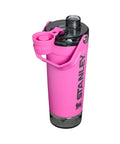 No Sweat Leakproof 20 Oz Hot Pink Shaker Bottle With Secure Hinge Lid And Fast Flow Spout Portable Tritan Protein Cup angled view.