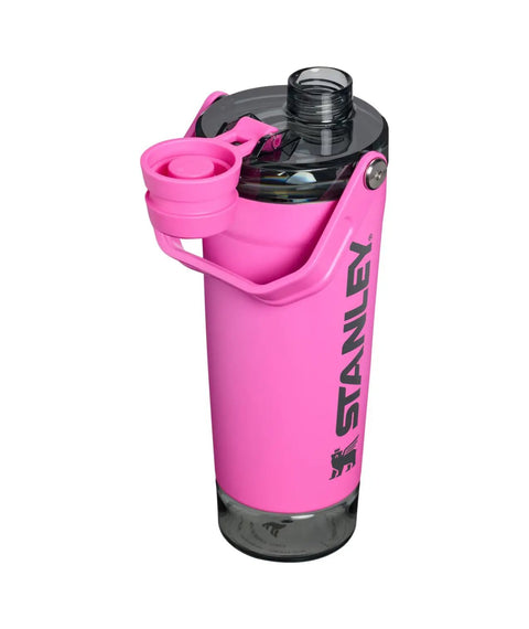 No Sweat Leakproof 20 Oz Hot Pink Shaker Bottle With Secure Hinge Lid And Fast Flow Spout Portable Tritan Protein Cup angled view.