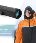 Ultra Powerful 3000X 25mm Long Focus Binoculars For Outdoors HD Pro Monocular For Camping And Hunting IPX6 Water Resistant Bak4 Prism With Wide Field Of View Black, black monocular shown with user outdoors
