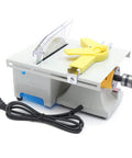 Rock Polishing Buffer Machine For DIY Jewelry And Craft Lovers 750W 110V Mini Table Saw Lathe with power cord and yellow angle guide.