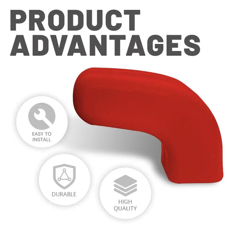 Red silicone 2 Pack Front Bumper Tow Hook Sleeve Covers with product advantages icons; easy to install, durable, high quality.