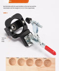 35mm Hinge Drilling Guide for Cabinets and Doors, Adjustable Template with Pre-Aligned Hole Drill Guide, shown with drill mechanism.