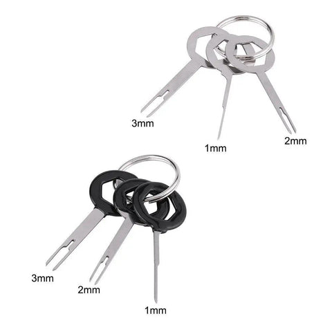 Heavy Duty Wire Terminal Removal Tool Set Three Piece Kit For Auto Electrical Plug Connector Pin Extractor With Comfortable Metal Handle Reliable Extraction Device, showing three key-like extractors.