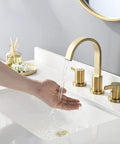 Two Handles 8 Inch Widespread Bathroom Faucet In Brushed Gold Finish With Valve And Metal Pop Up Drain in action