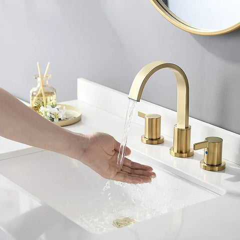 Two Handles 8 Inch Widespread Bathroom Faucet In Brushed Gold Finish With Valve And Metal Pop Up Drain in action