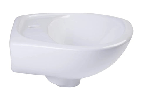 Porcelain Wall Mount Basin With Overflow For Small Bathrooms White Ceramic Sink Compact Fifteen And A Quarter Inches Wide Nine Inches Deep Five Inches High Center Drain One And Three Quarter Inches Durable Ceramic Construction