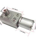 12V DC Worm Gear Motor Beefy High Torque 25 Kg Cm All Metal Gears Self Locking Mini Reducer with dimensions labeled