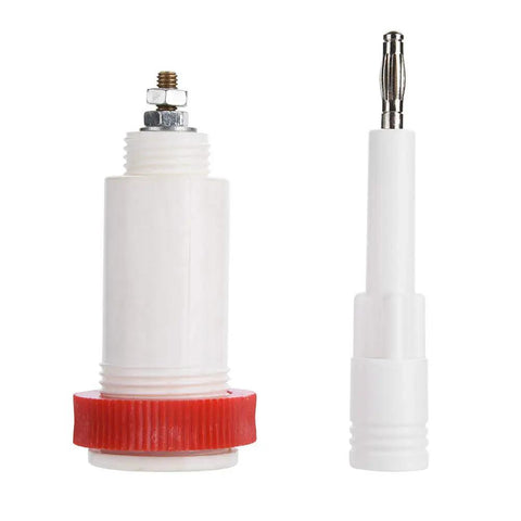 Heavy Duty High Voltage Banana Plug Cross Adapter Designed To Go The Distance With Slick Gold Plated Threads That Lock Tight For Reliable 10KV Power Lab Connections White And Red, showing adapter details.