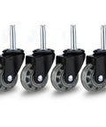 Floor Friendly 2 Inch Rubber Caster Wheels Set Of 4 With Grip Neck Stem Sockets, black mount and transparent wheel, front view.