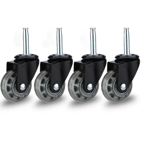 Floor Friendly 2 Inch Rubber Caster Wheels Set Of 4 With Grip Neck Stem Sockets, black mount and transparent wheel, front view.
