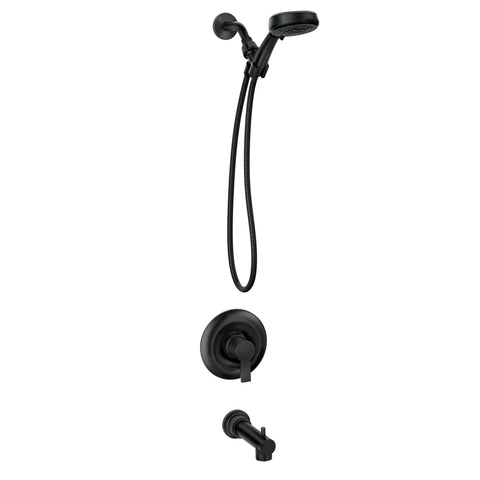 Matte Black Modern Shower Faucet Set With Hand Shower And Tub Spout, Single Handle, Valve Included With Behind-Wall Posi-Temp Valve For Tub Install