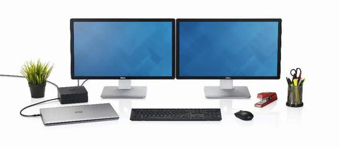 High Performance Thunderbolt Dock TB16 180W USB C Multiport Hub With Eu Power Cord setup with dual monitors, laptop, and accessories.