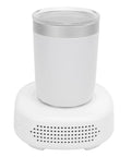 Smart Cooling And Heating Coffee Cup With Precision Temp Control Urban Hustle Essential 380 ml white travel tumbler on heater base.