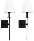 Bold Black Wall Sconces Set Of 2 Dope Hardwired Dimmable Indoor Metal Sconces with White Fabric Shades for bedroom decor.