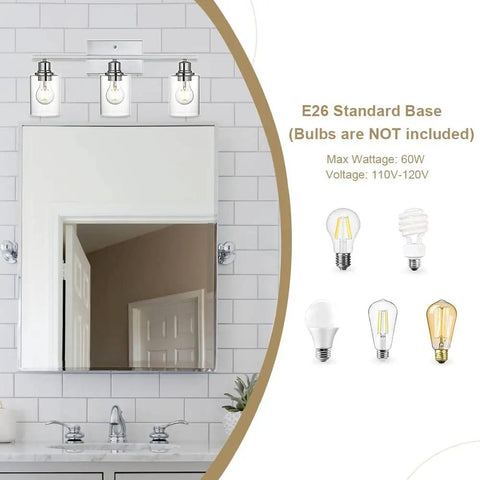 Three Light Chrome Vanity Wall Light With Clear Glass Shade For Modern Bathrooms And Powder Rooms Dope Wall Sconce Fixture For Hallways And Mirror Accent Great For Home Renovations with E26 bulb options next to a mounted mirror