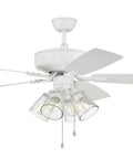 52 Inch Pro Plus Ceiling Fan With Four Light Kit, White Finish, Lit Clear Glass Lights, Reversible Blades, Ceiling Mounted