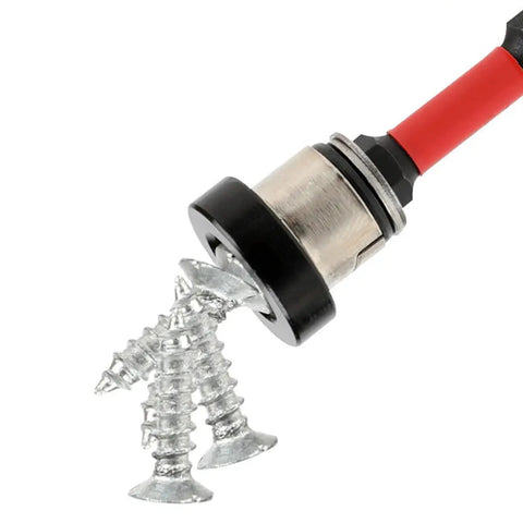 Magnetic Drywall Screw Setter Bits Set With Adjustable Depth and Removable Aluminum Collar PH2 Positioning, close-up with screws