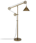Pulley System Floor Lamp With Ribbed Glass Shade In Blackened Bronze And Clear, Adjustable 70 Inch Tall Lighting For Living Room