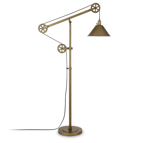 Pulley System Floor Lamp With Ribbed Glass Shade In Blackened Bronze And Clear, Adjustable 70 Inch Tall Lighting For Living Room